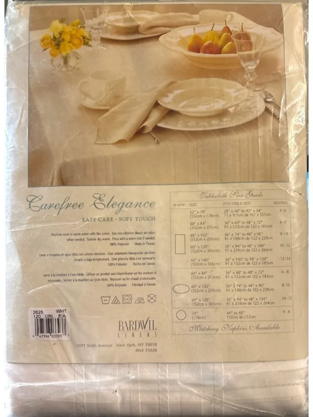 Bardwil Carefree Elegance Tablecloth 60 x 120 Oblong White Polyester Easy Care S